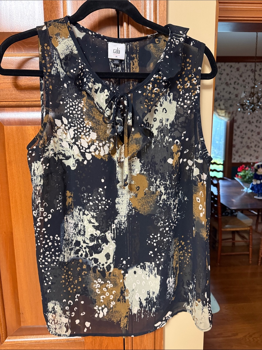 CAbi Abstract Print Sleeveless Blouse in Black, Cream & Gold